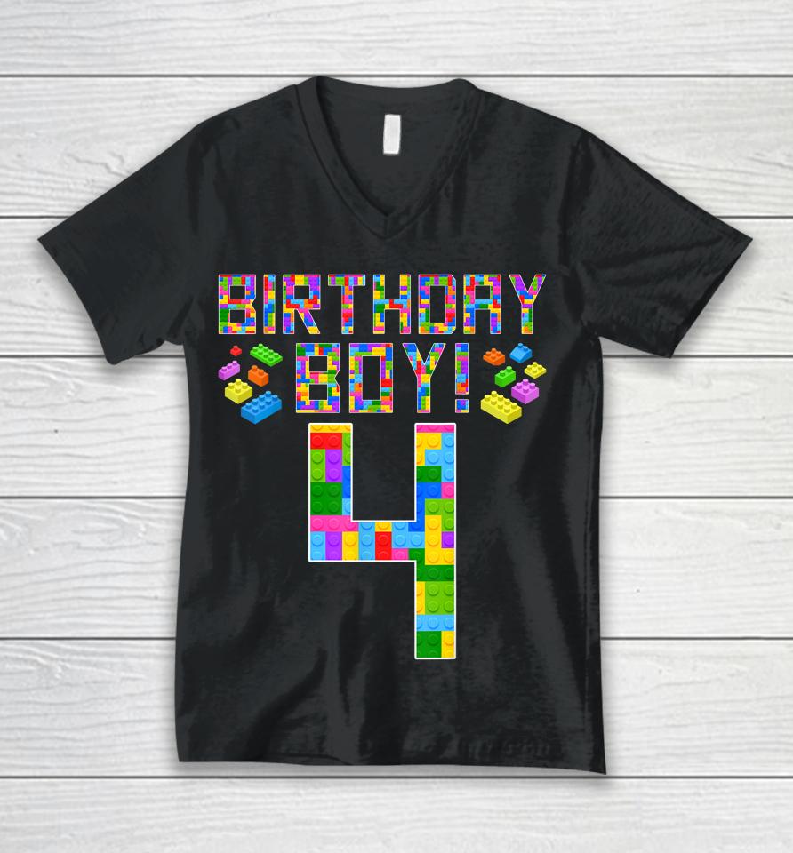 Cute 4Th Birthday Gift 4 Years Old Block Building Boys Unisex V-Neck T-Shirt