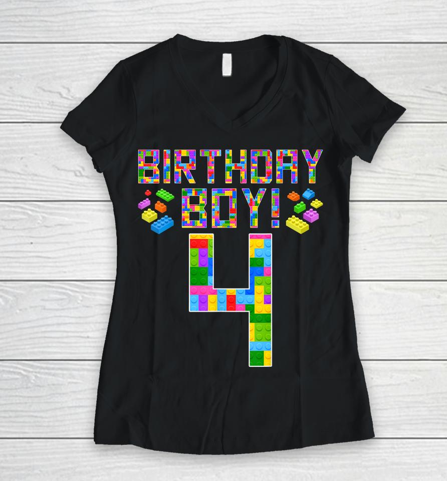 Cute 4Th Birthday Gift 4 Years Old Block Building Boys Women V-Neck T-Shirt