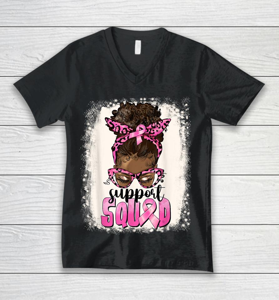 Cute Afro Messy Bun Breast Cancer Support Squad Pink Ribbon Unisex V-Neck T-Shirt