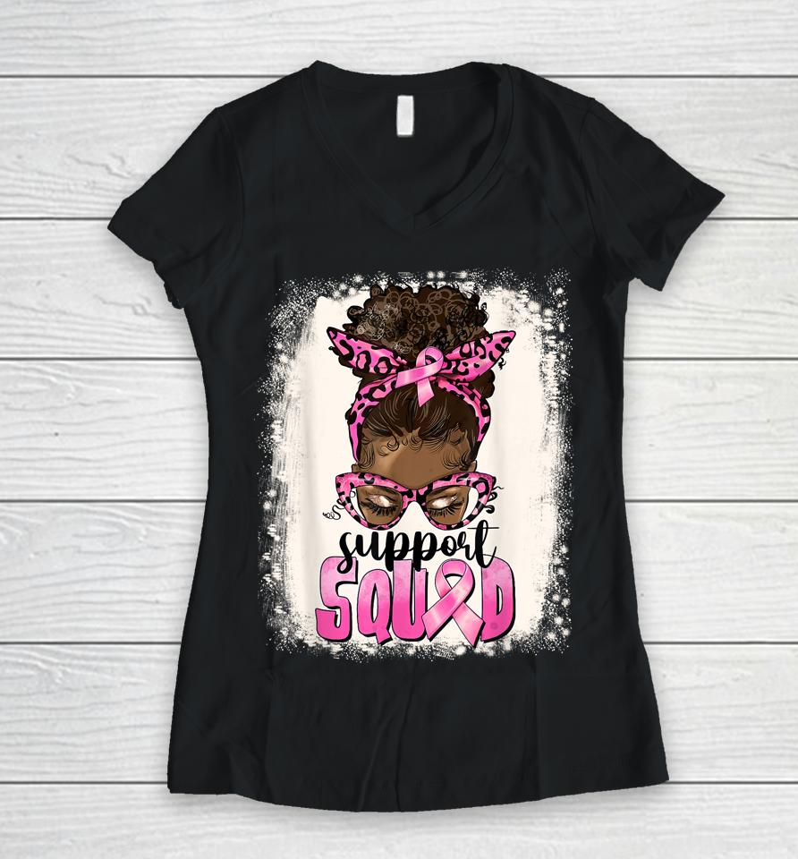 Cute Afro Messy Bun Breast Cancer Support Squad Pink Ribbon Women V-Neck T-Shirt