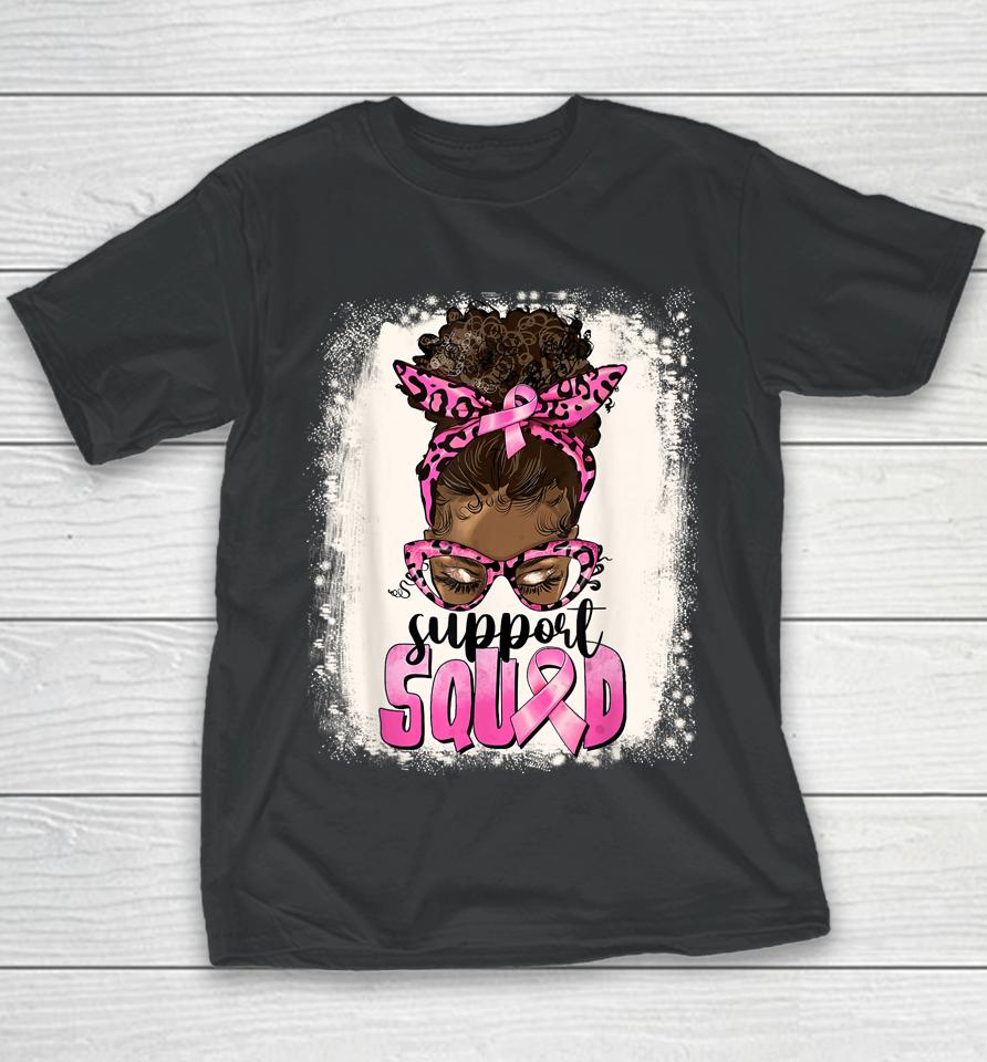 Cute Afro Messy Bun Breast Cancer Support Squad Pink Ribbon Youth T-Shirt