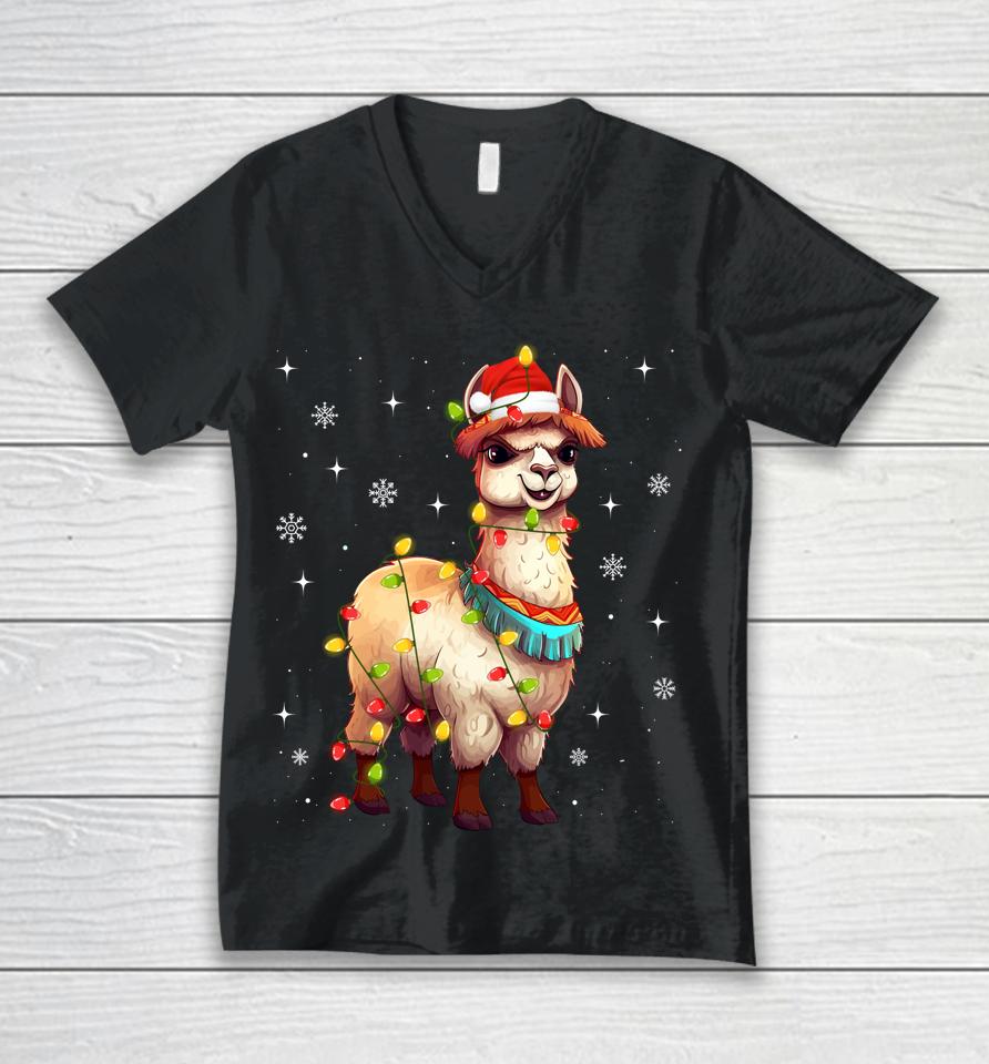 Cute Alpaca Christmas Tree Lights Xmas Holidays Unisex V-Neck T-Shirt