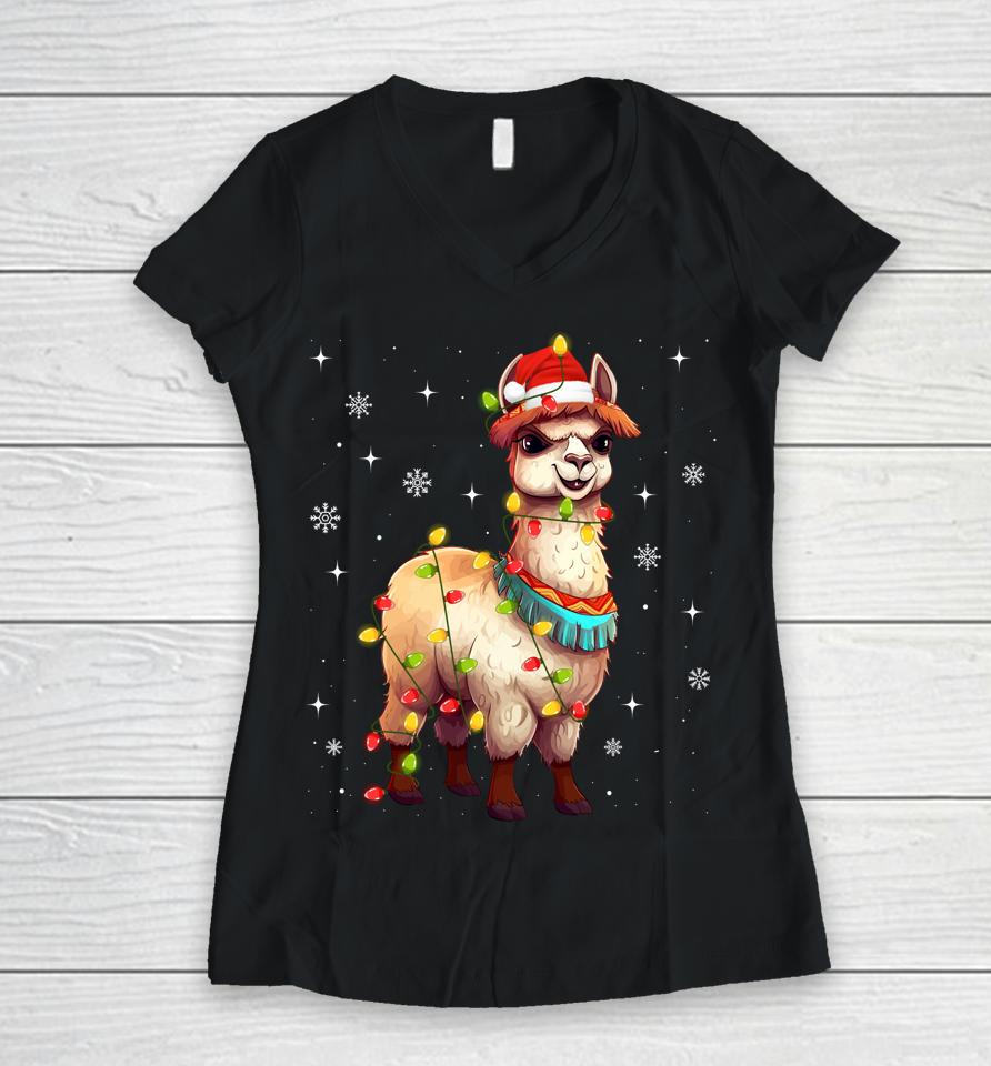 Cute Alpaca Christmas Tree Lights Xmas Holidays Women V-Neck T-Shirt