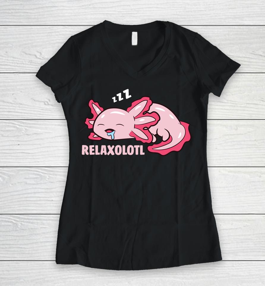 Cute Axolotl Lover Mexican Salamander Relaxolotl Long Sleeve Women V-Neck T-Shirt