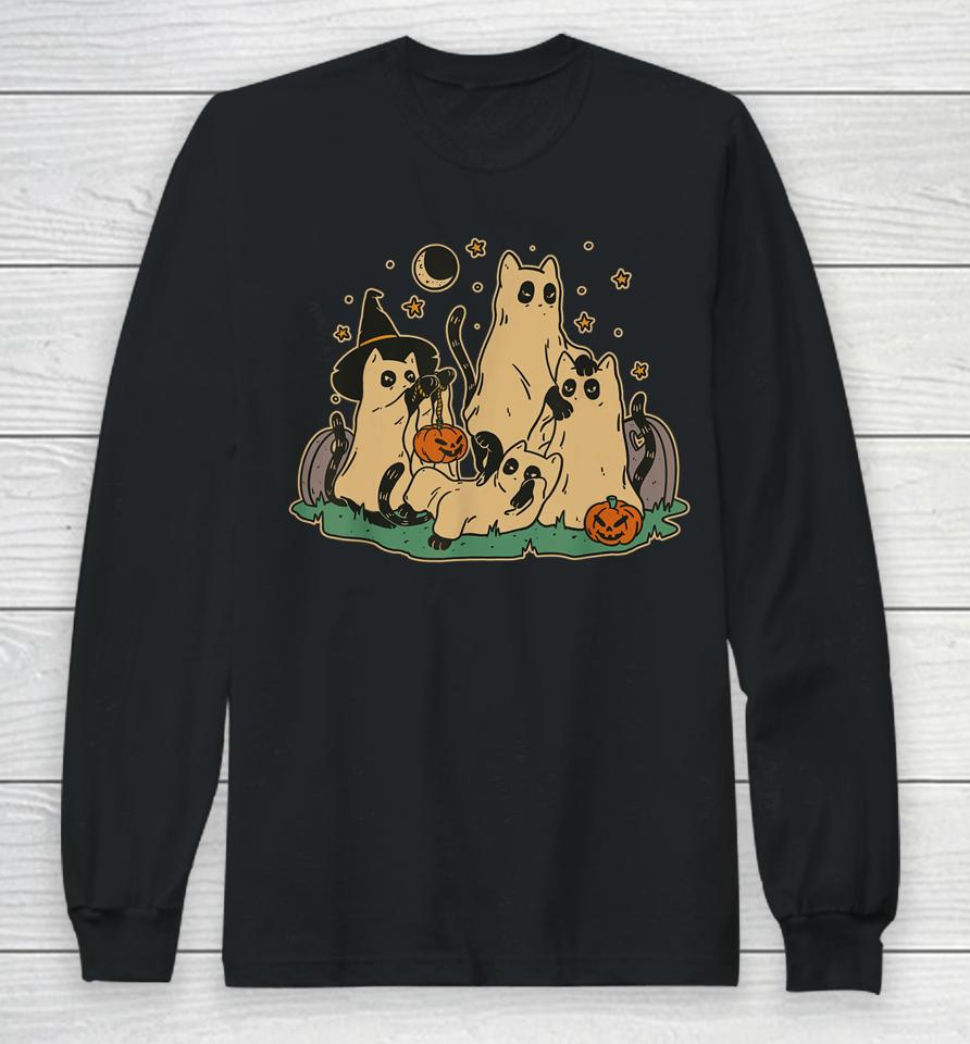 Cute Black Cats In Ghost Costume Halloween Long Sleeve T-Shirt