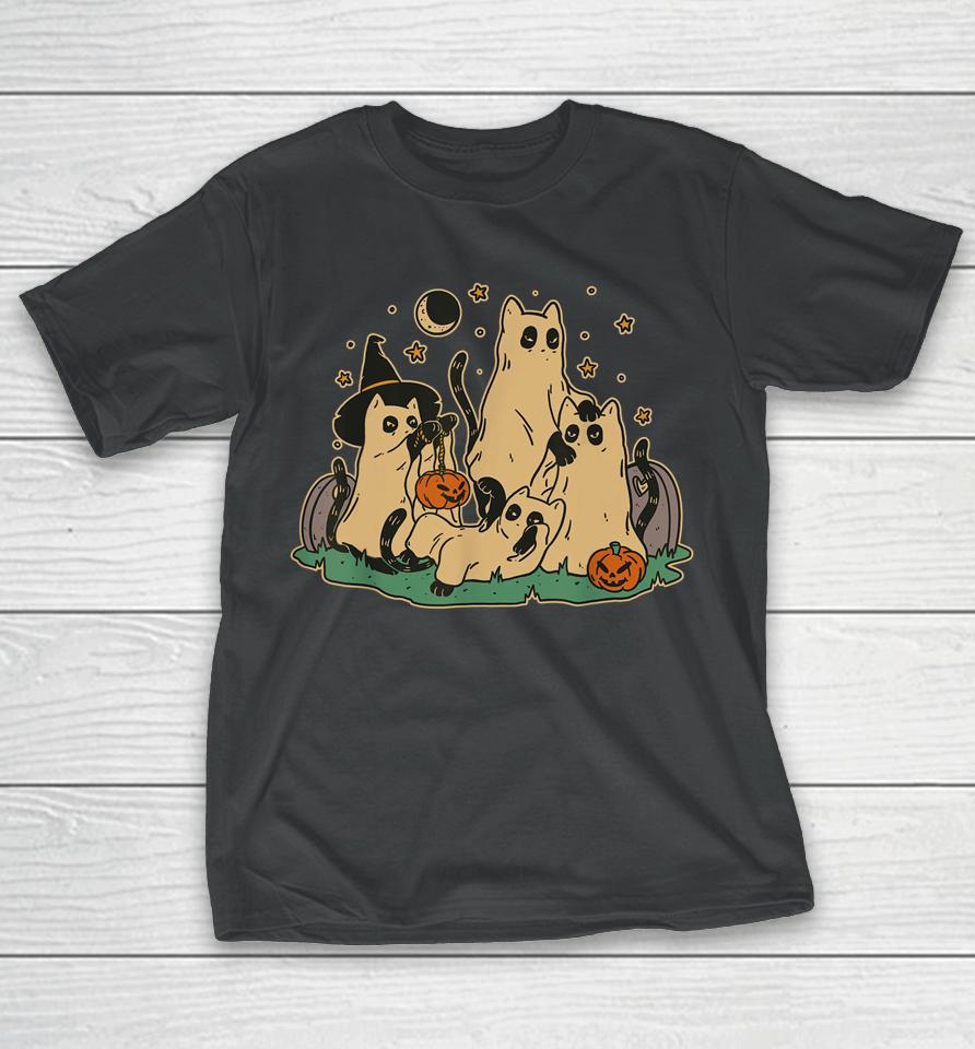 Cute Black Cats In Ghost Costume Halloween T-Shirt