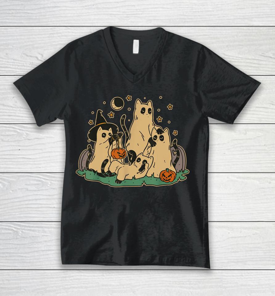 Cute Black Cats In Ghost Costume Halloween Unisex V-Neck T-Shirt