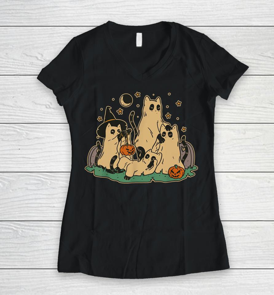 Cute Black Cats In Ghost Costume Halloween Women V-Neck T-Shirt