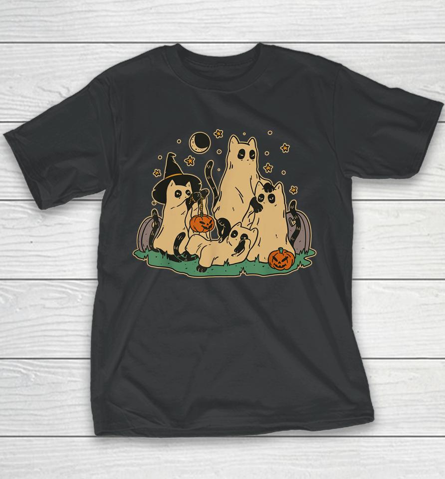 Cute Black Cats In Ghost Costume Halloween Youth T-Shirt
