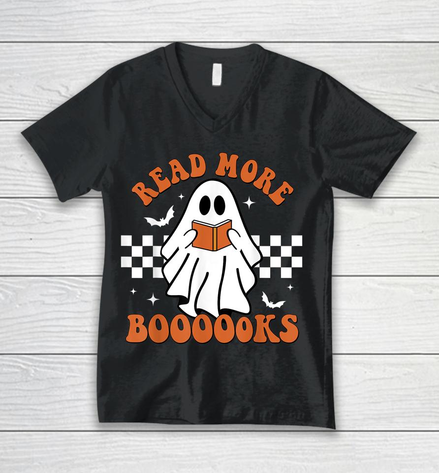 Cute Booooks Ghost Read More Books Funny Teacher Halloween Unisex V-Neck T-Shirt