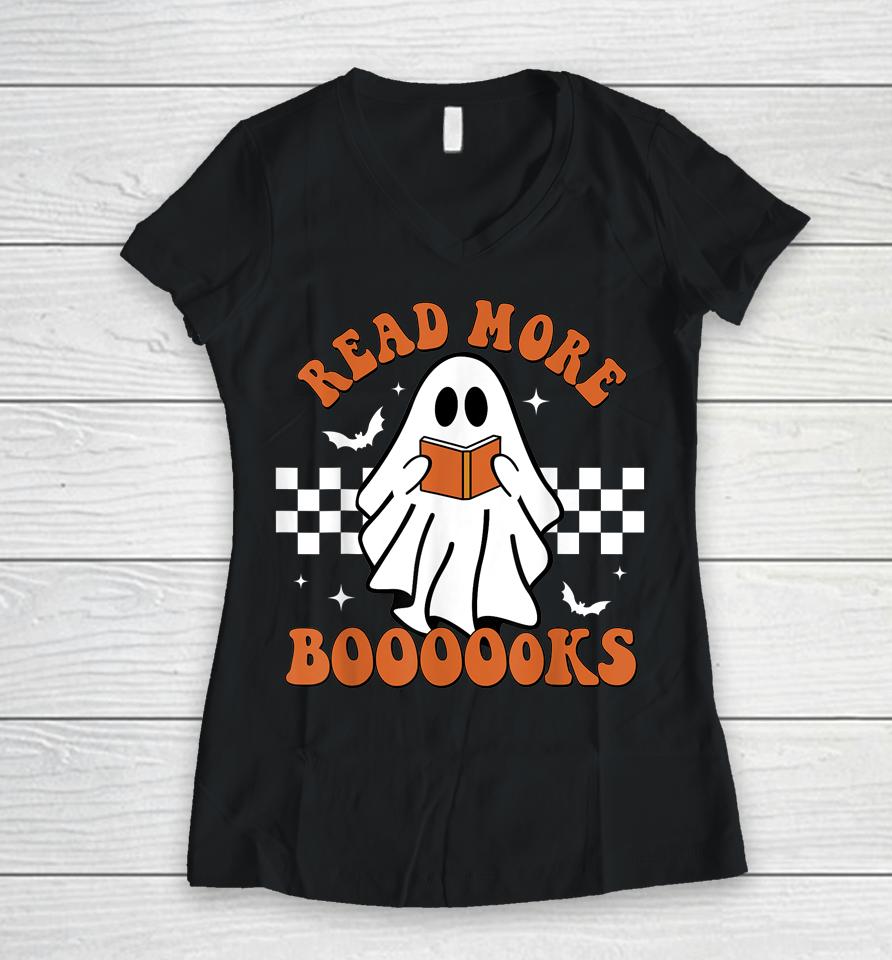 Cute Booooks Ghost Read More Books Funny Teacher Halloween Women V-Neck T-Shirt