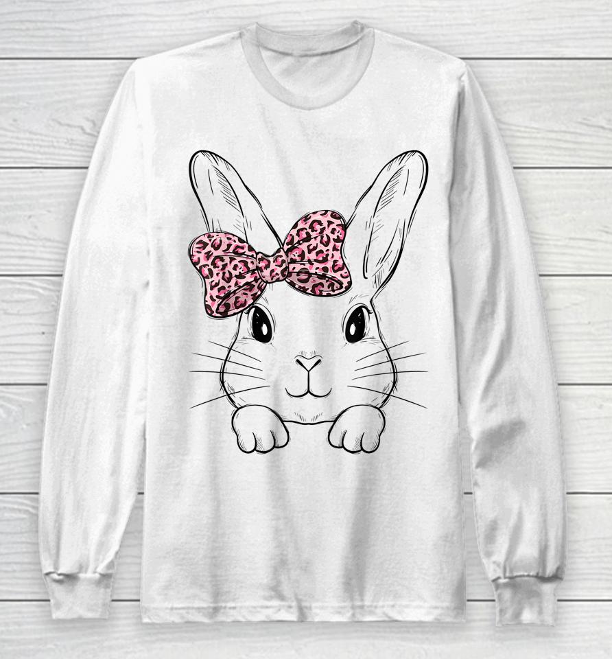 Cute Bunny Face Leopard Bow Tie Girls Womens Easter Day Long Sleeve T-Shirt