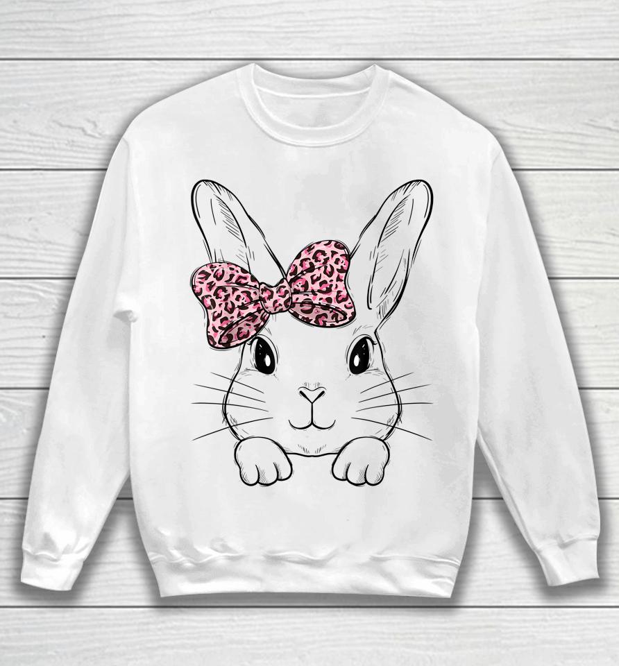 Cute Bunny Face Leopard Bow Tie Girls Womens Easter Day Sweatshirt