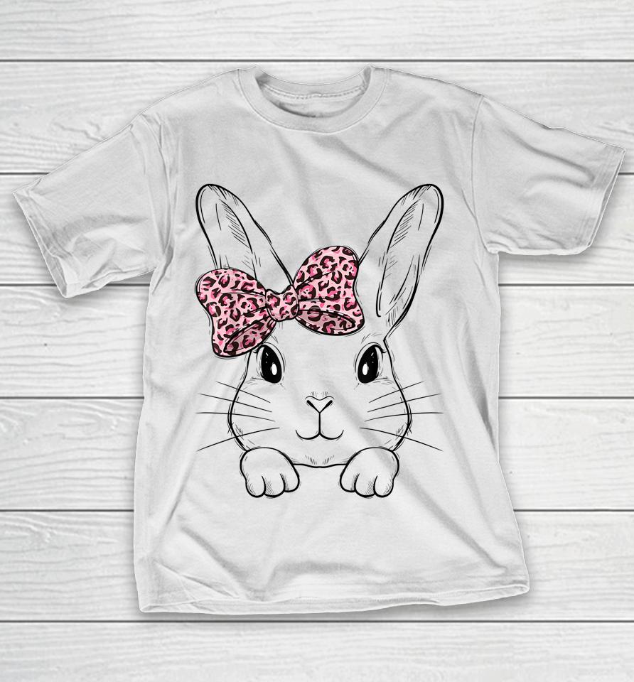Cute Bunny Face Leopard Bow Tie Girls Womens Easter Day T-Shirt