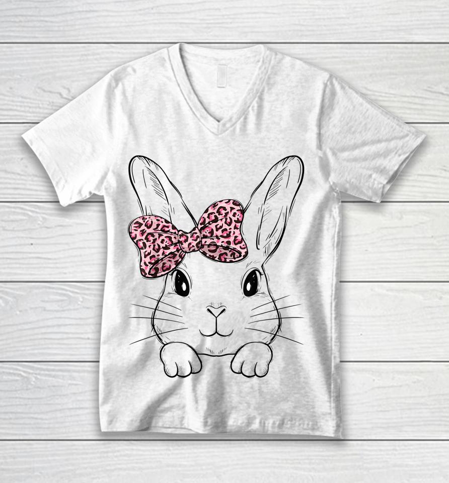 Cute Bunny Face Leopard Bow Tie Girls Womens Easter Day Unisex V-Neck T-Shirt