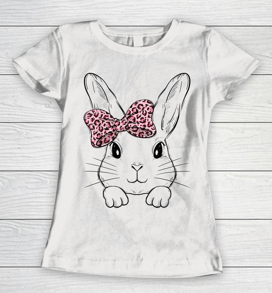 Cute Bunny Face Leopard Bow Tie Girls Womens Easter Day Women T-Shirt