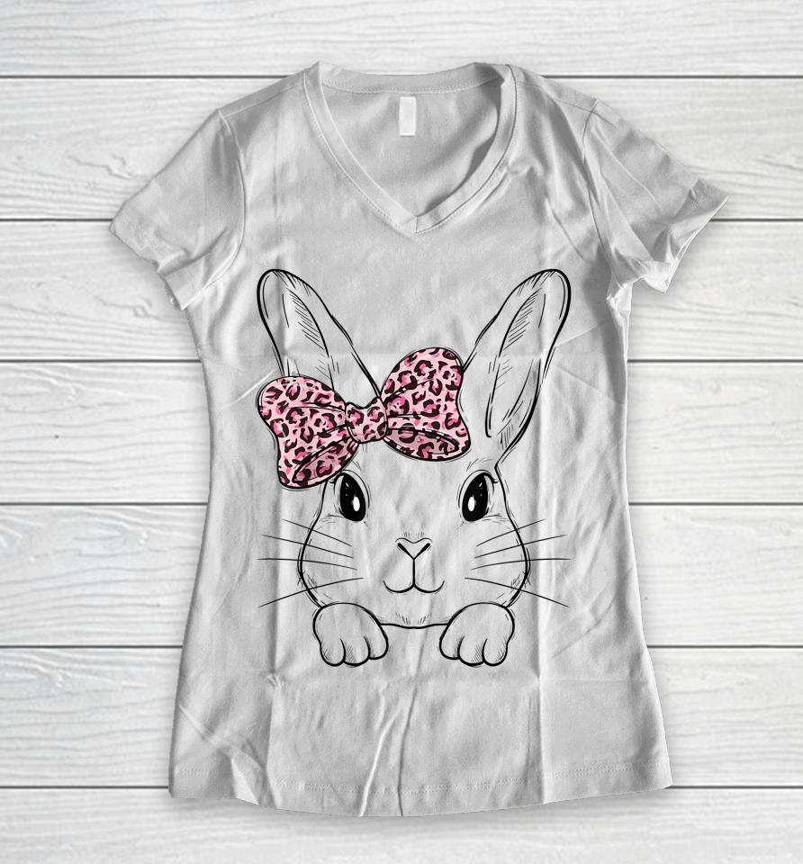 Cute Bunny Face Leopard Bow Tie Girls Womens Easter Day Women V-Neck T-Shirt