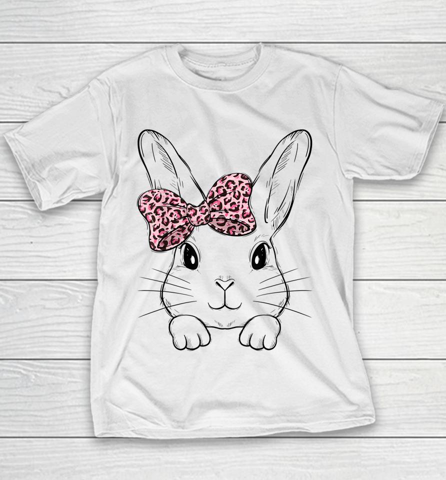 Cute Bunny Face Leopard Bow Tie Girls Womens Easter Day Youth T-Shirt