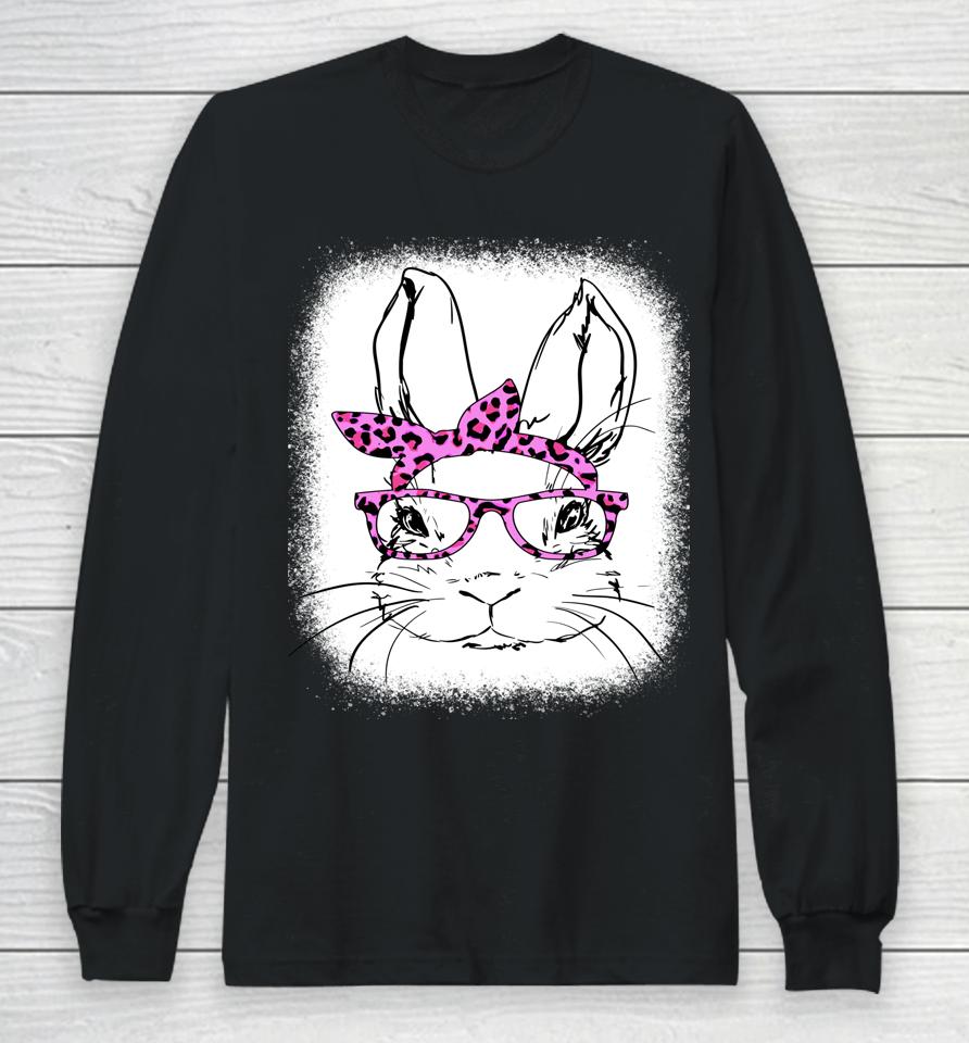 Cute Bunny Face Leopard Glasses Happy Easter Day Bleached Long Sleeve T-Shirt