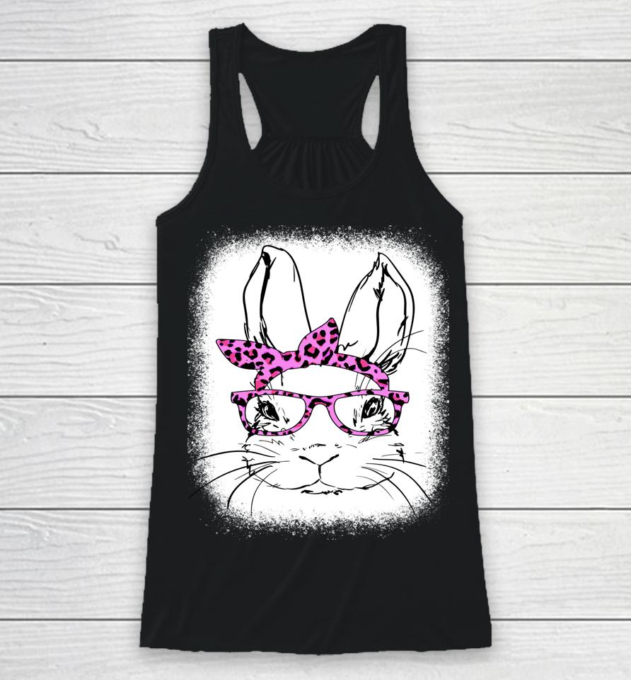 Cute Bunny Face Leopard Glasses Happy Easter Day Bleached Racerback Tank
