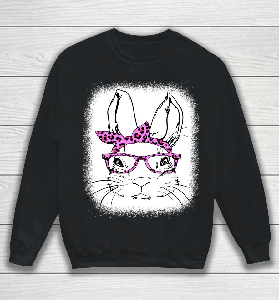 Cute Bunny Face Leopard Glasses Happy Easter Day Bleached Sweatshirt
