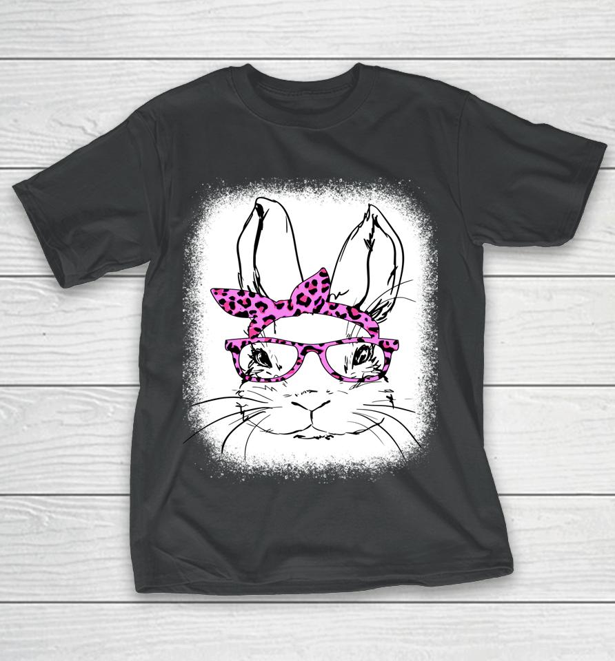Cute Bunny Face Leopard Glasses Happy Easter Day Bleached T-Shirt