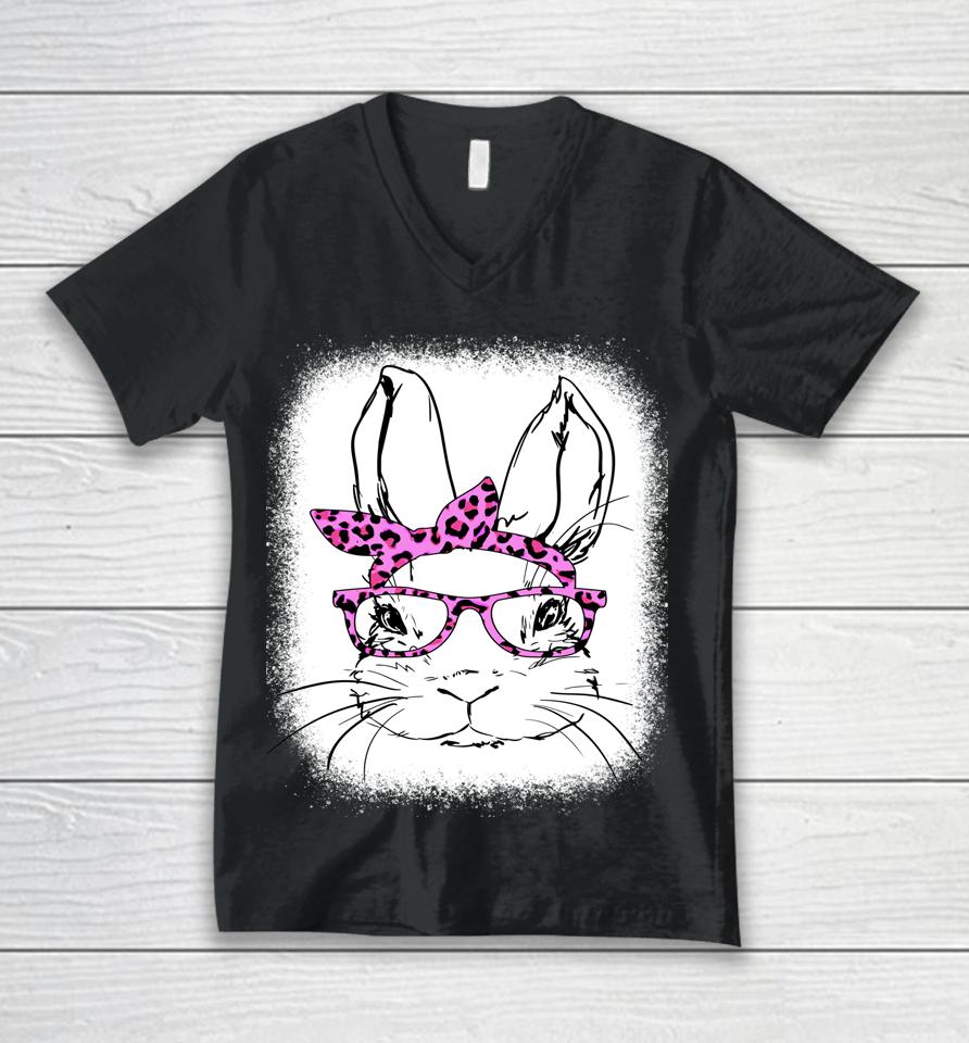 Cute Bunny Face Leopard Glasses Happy Easter Day Bleached Unisex V-Neck T-Shirt