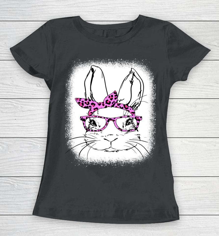 Cute Bunny Face Leopard Glasses Happy Easter Day Bleached Women T-Shirt