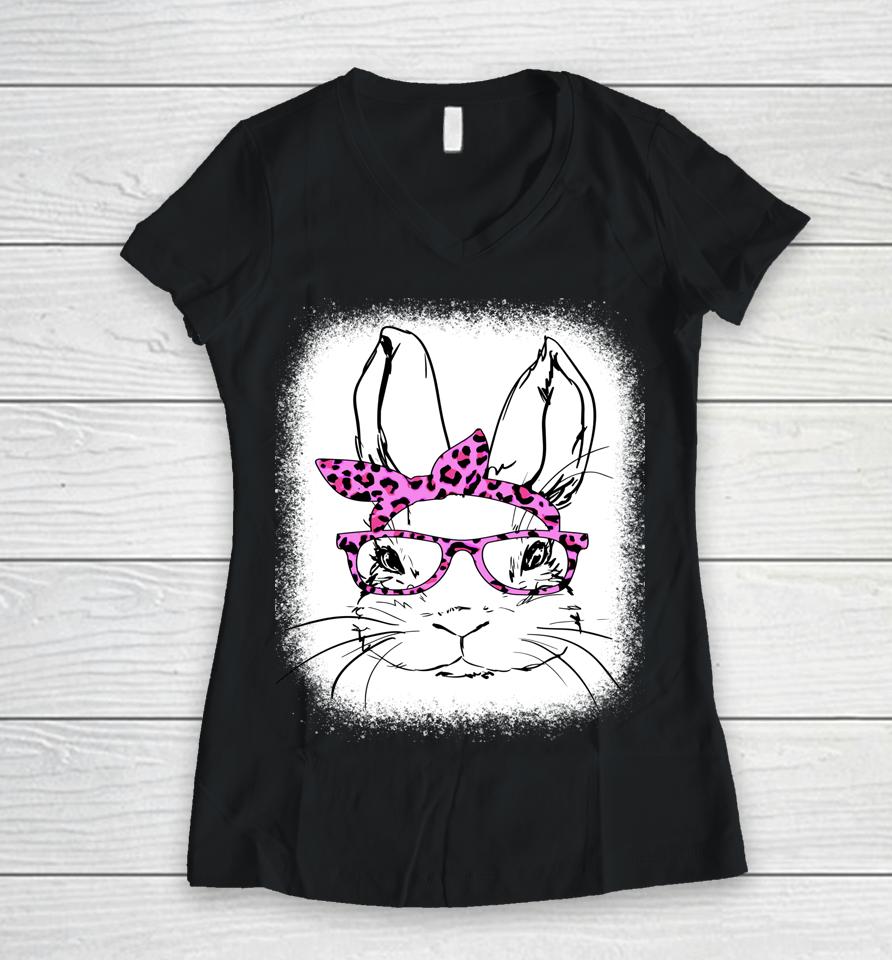 Cute Bunny Face Leopard Glasses Happy Easter Day Bleached Women V-Neck T-Shirt