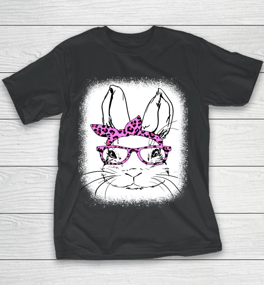 Cute Bunny Face Leopard Glasses Happy Easter Day Bleached Youth T-Shirt