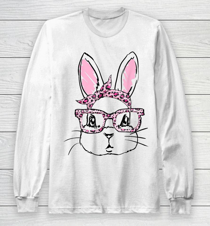 Cute Bunny Face Leopard Glasses Headband Happy Easter Day Long Sleeve T-Shirt