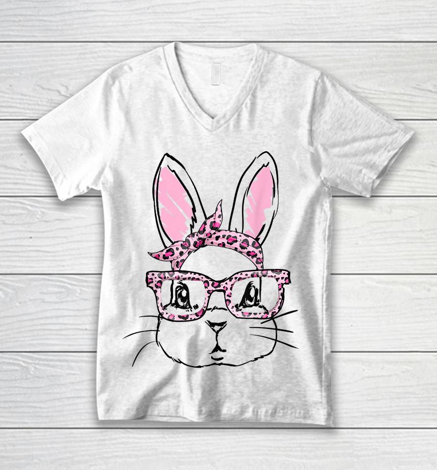 Cute Bunny Face Leopard Glasses Headband Happy Easter Day Unisex V-Neck T-Shirt
