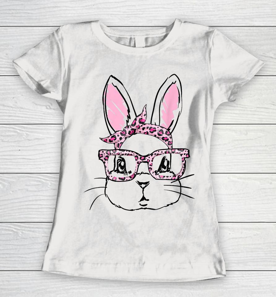 Cute Bunny Face Leopard Glasses Headband Happy Easter Day Women T-Shirt