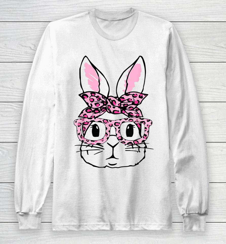 Cute Bunny Face Pink Leopard Glasses Happy Easter Day Long Sleeve T-Shirt