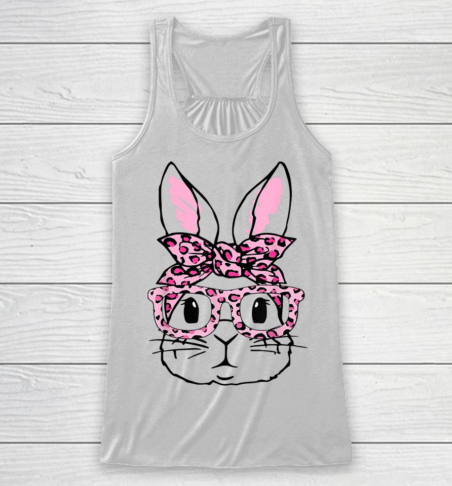 Cute Bunny Face Pink Leopard Glasses Happy Easter Day Racerback Tank