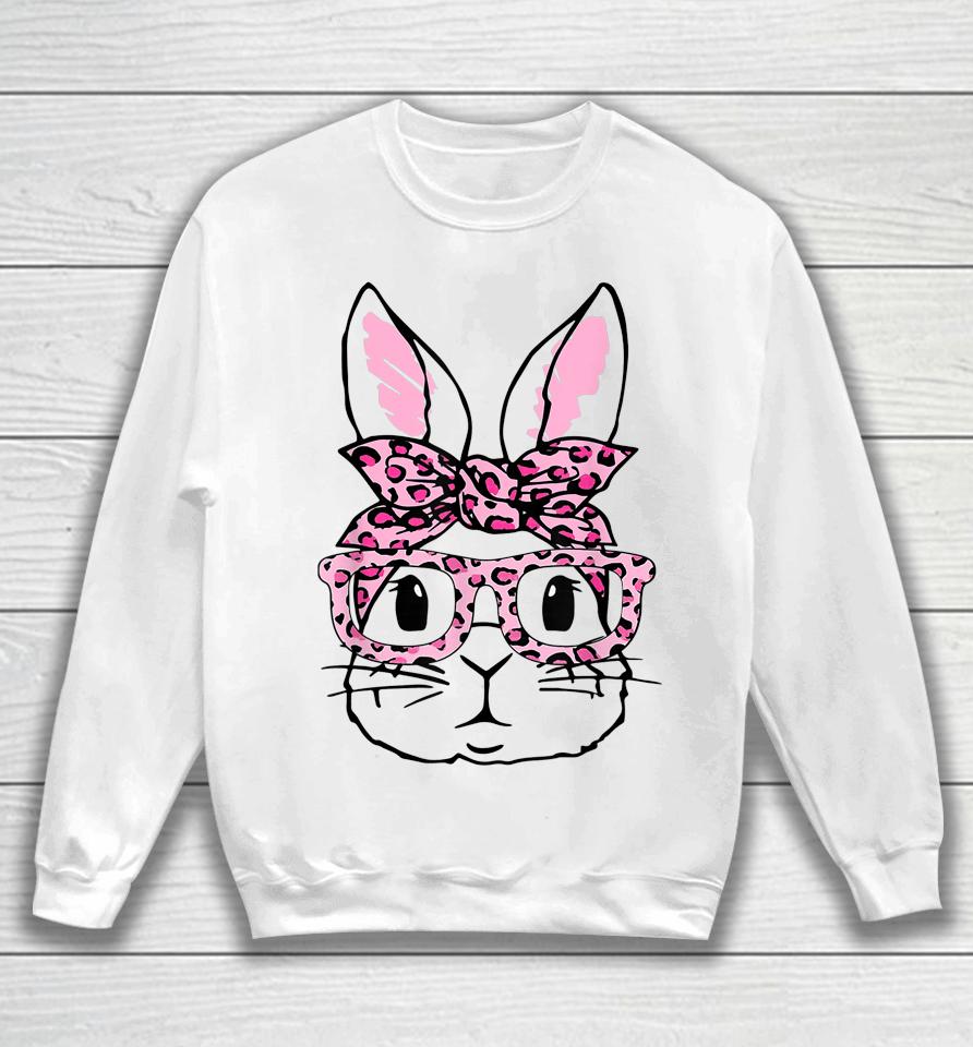 Cute Bunny Face Pink Leopard Glasses Happy Easter Day Sweatshirt