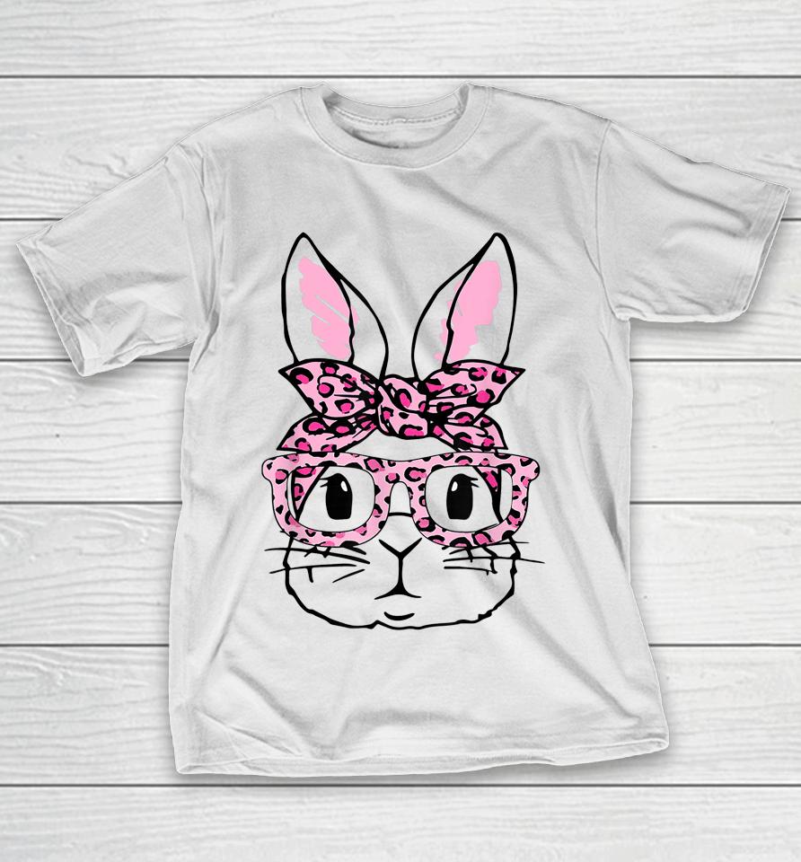 Cute Bunny Face Pink Leopard Glasses Happy Easter Day T-Shirt