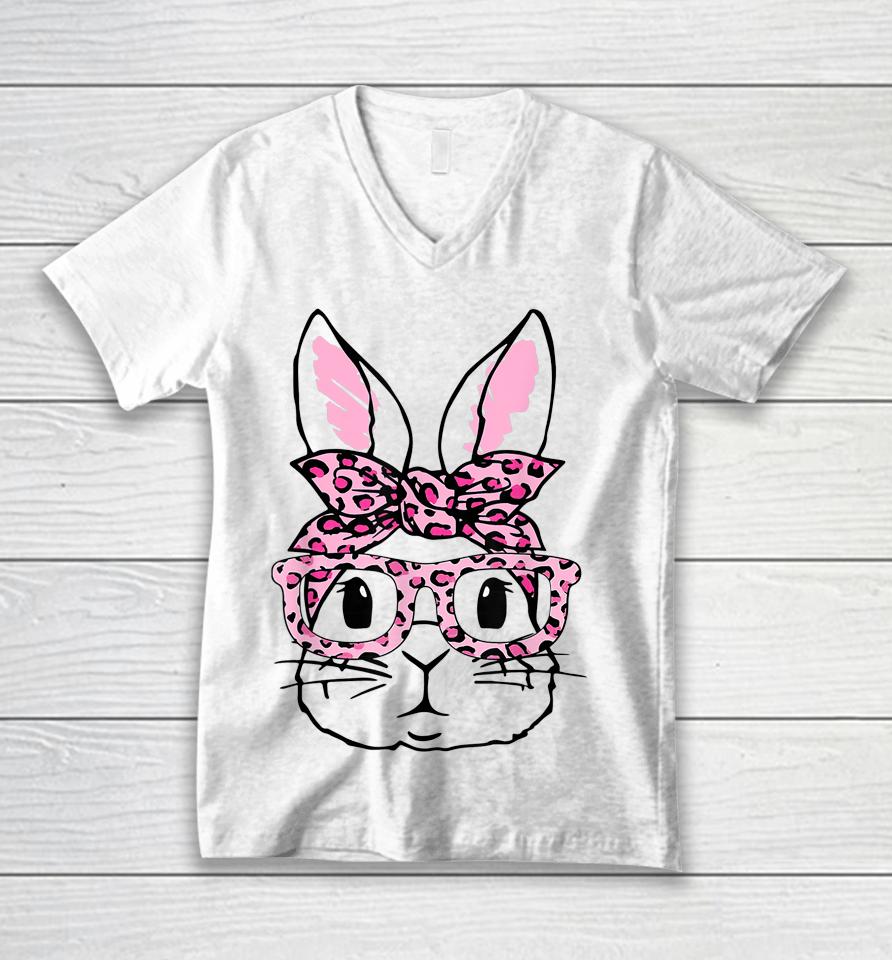Cute Bunny Face Pink Leopard Glasses Happy Easter Day Unisex V-Neck T-Shirt