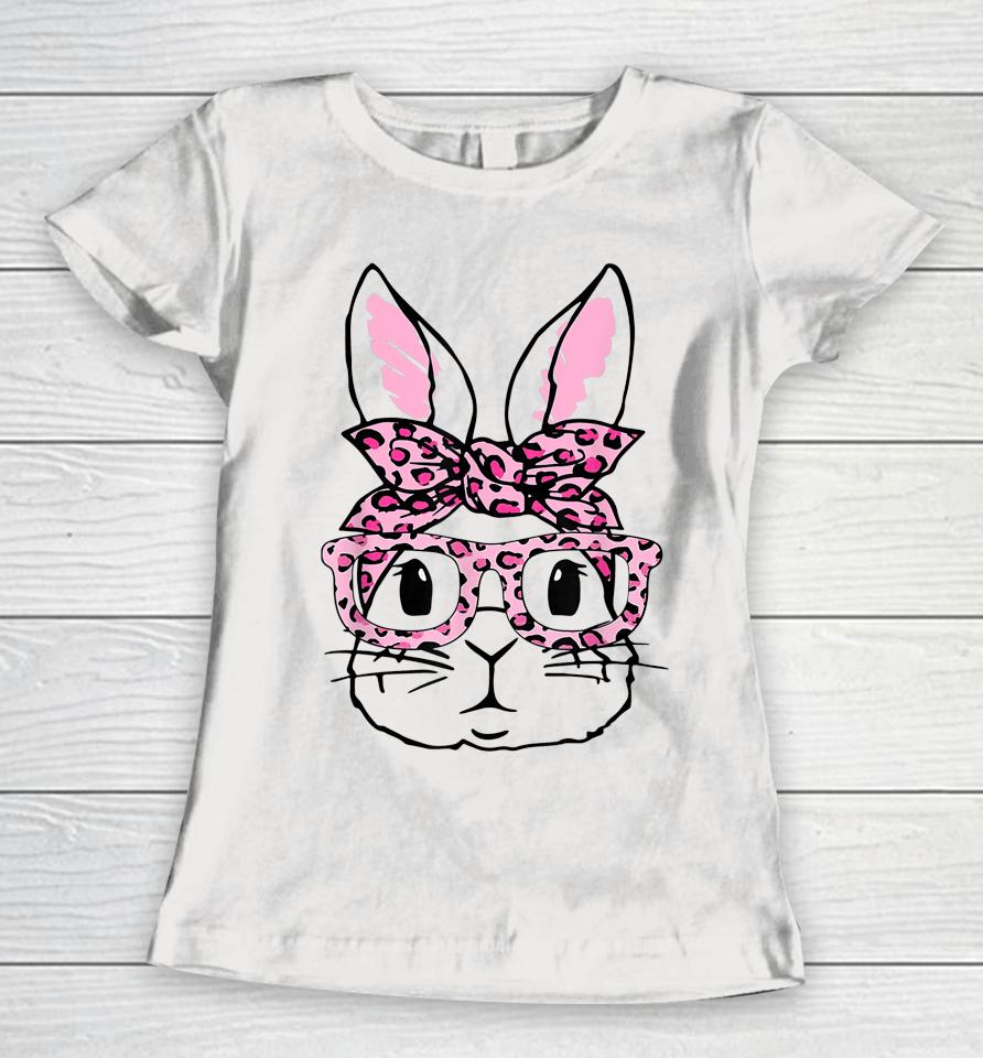 Cute Bunny Face Pink Leopard Glasses Happy Easter Day Women T-Shirt
