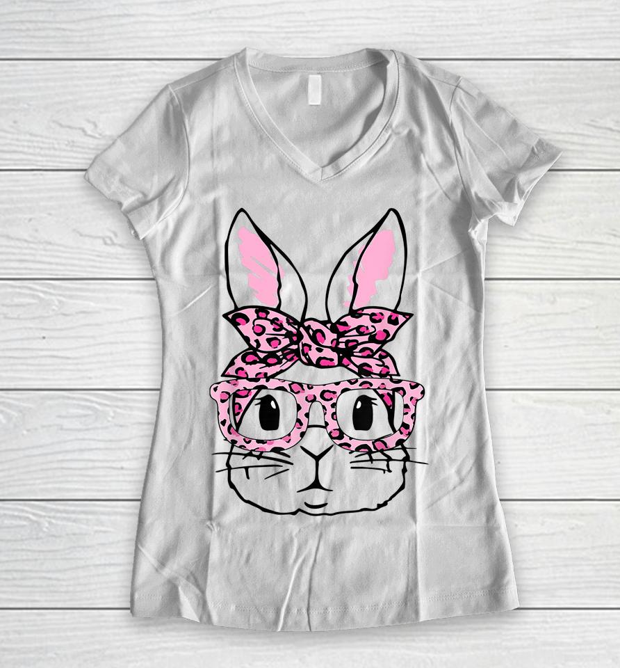 Cute Bunny Face Pink Leopard Glasses Happy Easter Day Women V-Neck T-Shirt