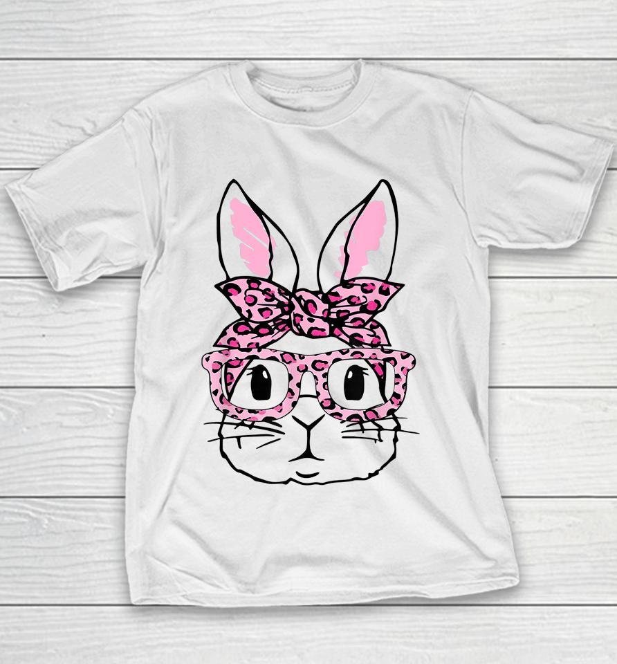 Cute Bunny Face Pink Leopard Glasses Happy Easter Day Youth T-Shirt