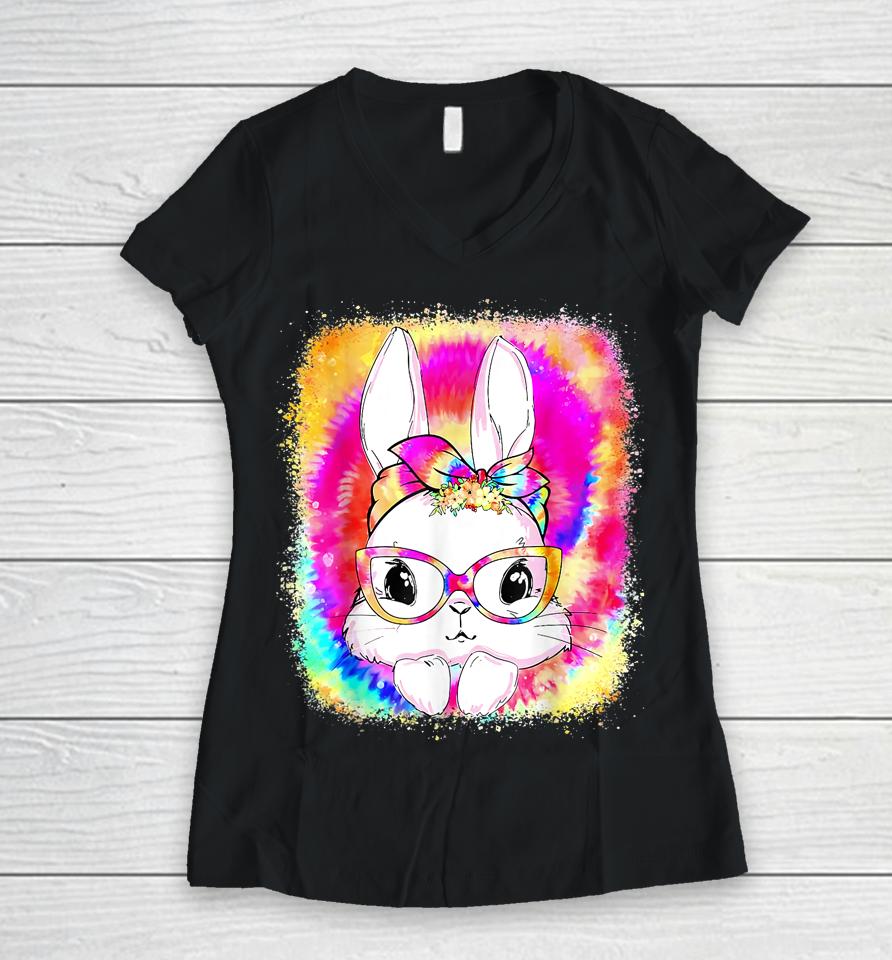 Cute Bunny Face Tie Dye Glasses Women Easter Day Women V-Neck T-Shirt
