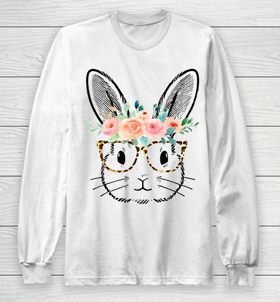 Cute Bunny Leopard Glasses Flowers Girls Women Easter Day Long Sleeve T-Shirt