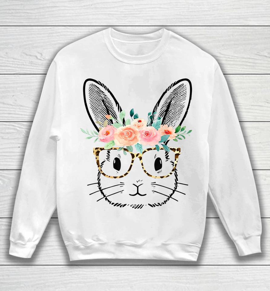 Cute Bunny Leopard Glasses Flowers Girls Women Easter Day Sweatshirt