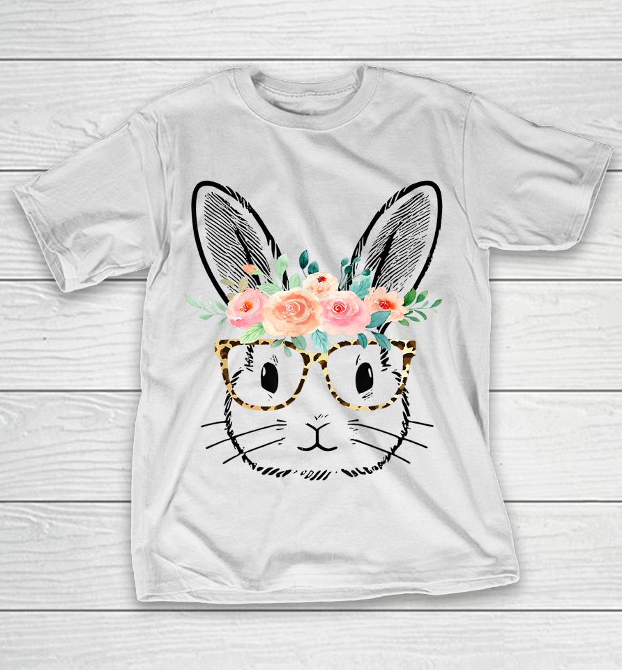 Cute Bunny Leopard Glasses Flowers Girls Women Easter Day T-Shirt