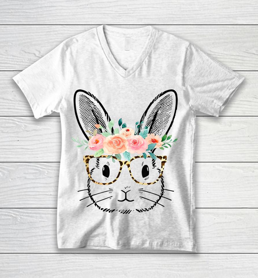 Cute Bunny Leopard Glasses Flowers Girls Women Easter Day Unisex V-Neck T-Shirt