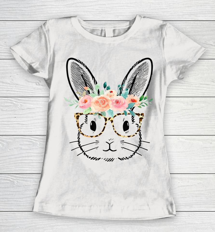 Cute Bunny Leopard Glasses Flowers Girls Women Easter Day Women T-Shirt