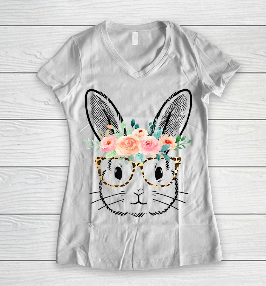 Cute Bunny Leopard Glasses Flowers Girls Women Easter Day Women V-Neck T-Shirt