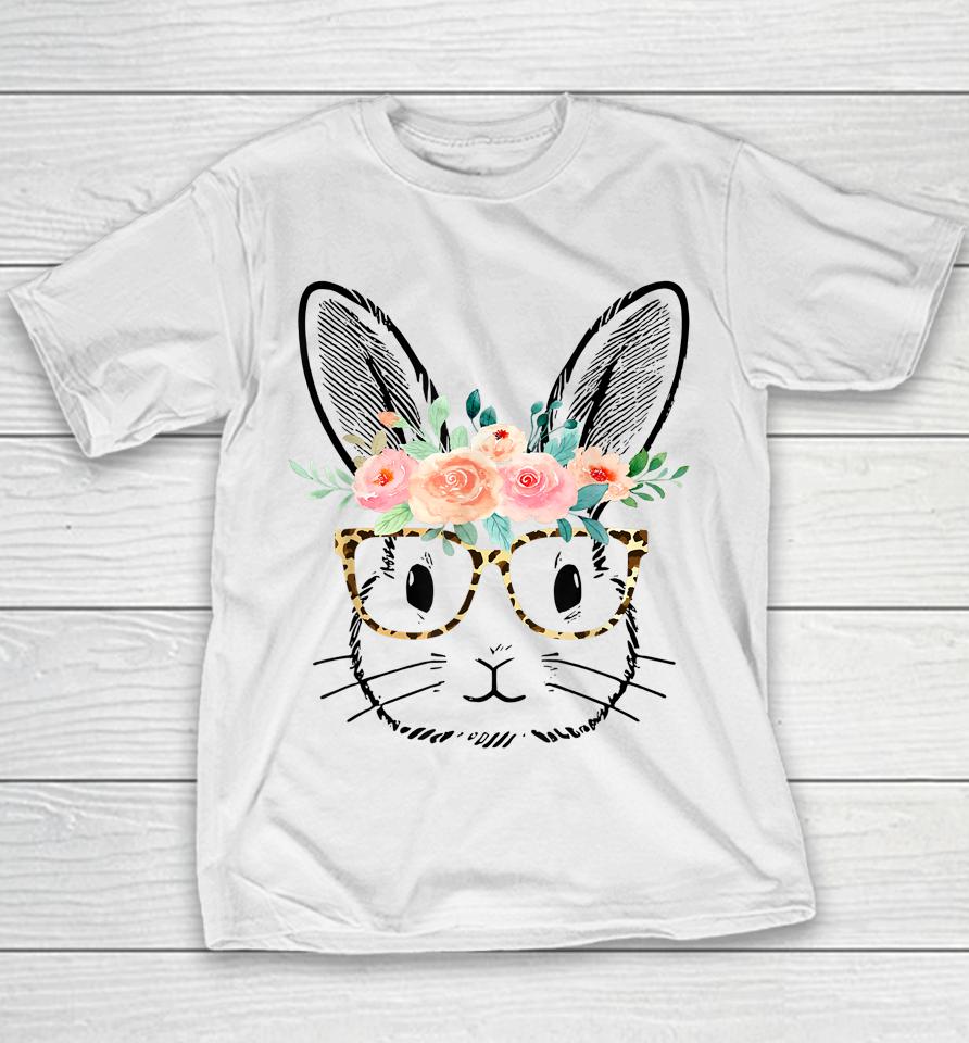 Cute Bunny Leopard Glasses Flowers Girls Women Easter Day Youth T-Shirt
