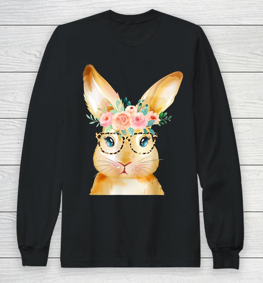 Cute Bunny Leopard Sunglasses Flowers Girls Women Easter Day Long Sleeve T-Shirt
